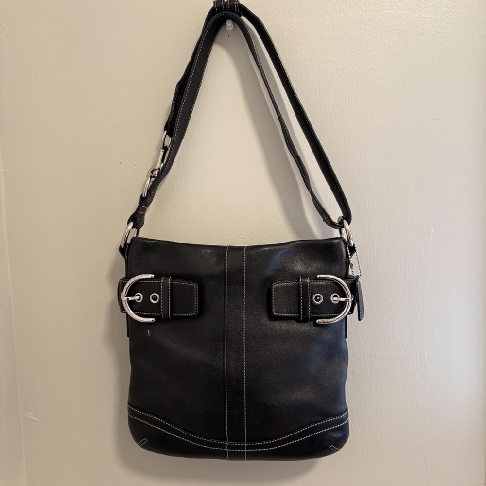 Coach Black Leather Convertible Shoulder Cross Body Duffle Bag #1452
